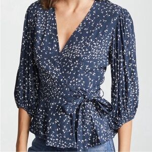 Ganni Navy Floral Wrap Top with Tie Waist